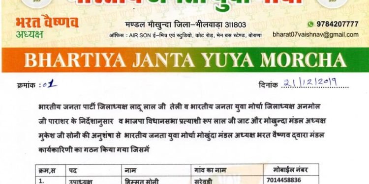 भारतीय जनता पार्टी जिलाध्यक्ष लादू लाल तेली व भारतीय जनता युवा मोर्चा जिलाध्यक्ष अनमोल पाराशर के निर्देशानुसार व भाजपा प्रत्याशी रुप लाल जाट और मोखुंदा मंडल अध्यक्ष मुकेश सोनी की अनुशंषा से भारतीय जनता युवा मोर्चा मोखुंदा मंडल अध्यक्ष भरत वैष्णव द्वारा मंडल कार्यकारिणी का गठन किया गया