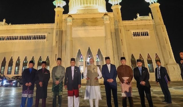 PM Modi opens the new Chancery of the Indian High Commission after visiting the renowned Omar Ali Saifuddien Mosque in Brunei.